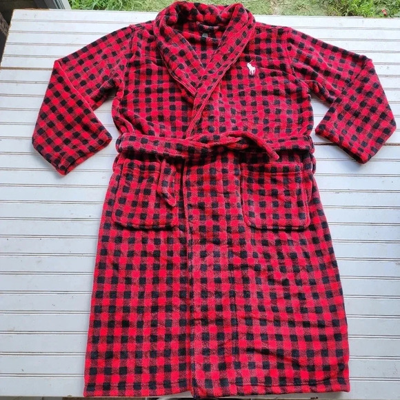 POLO RALPH LAUREN Mens Plush Red Black Checkered Bathrobe & Belt S/ M - Picture 1 of 8
